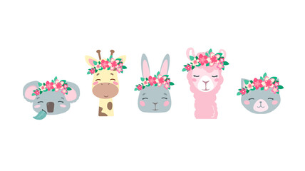 Set of fashionable vector animals in cartoon style. Cute smiley bunny, llama, cat, giraffe and koala faces, .in wreaths of pink flowers. Isolated on white background. Delicate pastel colors for babies