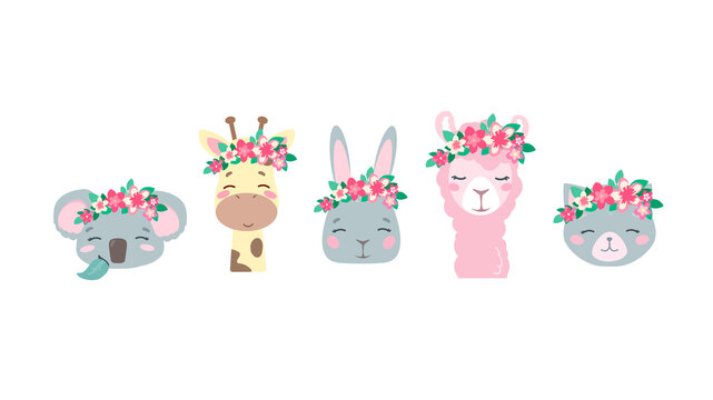 Set of fashionable vector animals in cartoon style. Cute smiley bunny, llama, cat, giraffe and koala faces, .in wreaths of pink flowers. Isolated on white background. Delicate pastel colors for babies