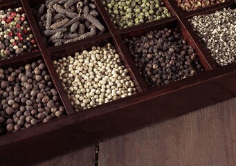 BOX WITH WHITE PEPPER, BLACK PEPPER, GREEN PEPPER, FIVE PEPPERCORNS, JAMAICA PEPPER AND LONG PEPPER.
