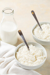 sweet rice pudding in white bowl