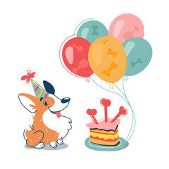 Cute Corgi on his birthday. Dog with his tongue sticking out, in a festive cap. Party with cake and balls. Welshkorgi in cartoon style. Dog isolated on white, vector illustration