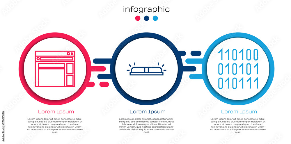 Aufkleber set line website template, flasher siren and binary code. business infographic template. vector.