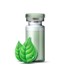 Transparent glass ampule with vaccine or drug for medical treatment and two green leaves.