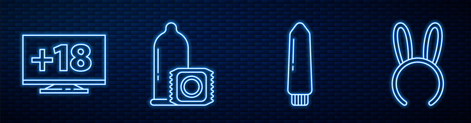 Set line Dildo vibrator, Monitor with 18 plus content, Condom and Mask with long bunny ears. Glowing neon icon on brick wall. Vector. - obrazy, fototapety, plakaty