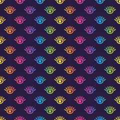 Bright Rainbow Retro Seamless Pattern - Colorful ombre gradient repeating pattern design on solid dark purple background © Mai