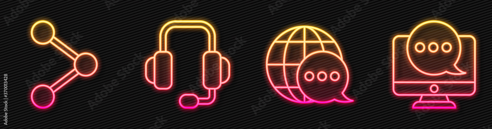 Poster set line world map made from speech bubble, share, headphones and chat messages notification on moni