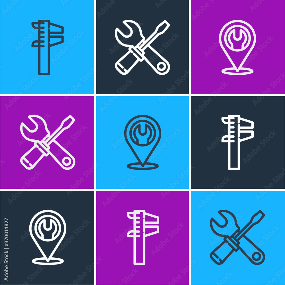 Poster set line calliper or caliper and scale, location with wrench spanner and screwdriver icon. vector.