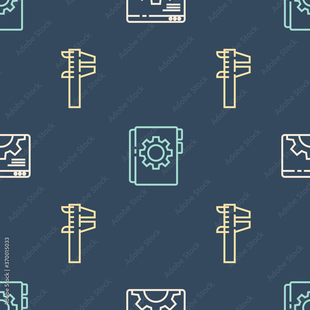 Poster set line browser setting, calliper or caliper and scale and user manual on seamless pattern. vector.