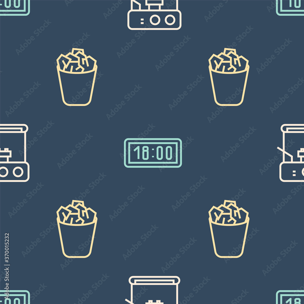 Poster set line coffee machine, full trash can and digital alarm clock on seamless pattern. vector.