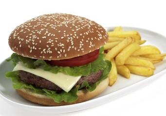 HAMBURGER AND FRENCH FRIES AGAINST WHITE BACKGROUND