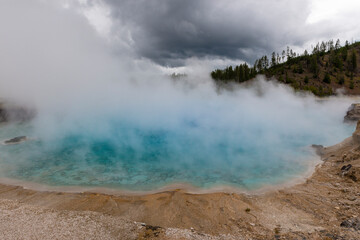 View of a steaming hot spring at the Yellowstone National Park, in western USA.