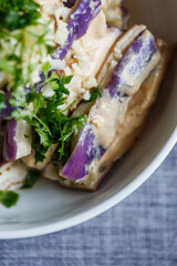 Chinese cold dish eggplant salad with garlic and sesame seed sauce