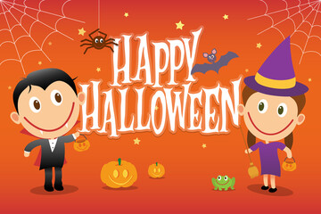 Children on halloween costumes. Kids dressed as vampire and witch. Cartoon vector illustration postcard.