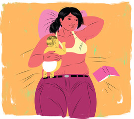 Mother breastfeeding her baby while relaxing on bed illustration
