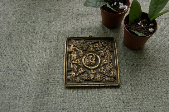 Old orthodox icon made of brass, "Burning Bush", 19th century