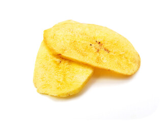 Banana chips on white background
