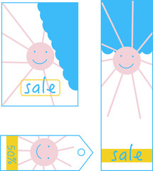tags with yellow sun and blue clouds for sales of children's stores