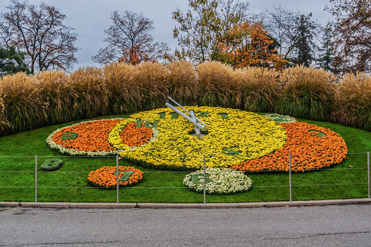 Geneva Flower Clock (named L'horloge fleurie in French), created in 1955, soon became world famous, one of the main attraction of the city. GENEVA, SWITZERLAND. November 14, 2016.
