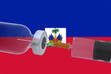 3D Illustration vaccine container bottle accompanied by a syringe with Haiti flag covid19 covid-19 coronavirus.