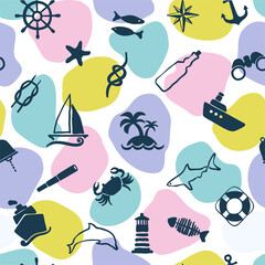 Vector seamless marine pattern doodle, ship, island, shark, dolphin, lighthouse, helm, anchor, vector illustration by hand
