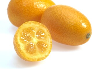 Kumquat, fortunella margarita, Fruit against White Background