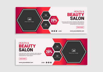 Health & beauty social media banner in red color. Abstract geometric shape vector web banner. Offer promotion banner for website header. Elegant beauty spa banner or cover template.