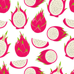 Vector seamless pattern of exotic dragon fruit isolated on white.