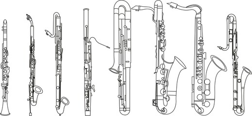Simple black line drawing of outline Clarinet, Bassoon, Contrabassoon, Saxophone musical instrument contour - obrazy, fototapety, plakaty