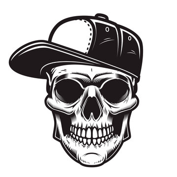 Illustration of skull in baseball cap in engraving style. Design element for logo, emblem, sign, poster, card, banner.