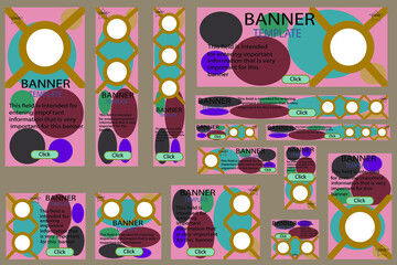 Set of web banners vector bright pink colors, standard sizes with a round neck for photos
