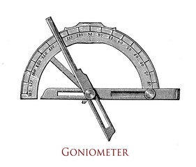 Goniometer, basically a protractor with two arms, instrument for measuring an angle or to rotated an object to a precise angular position.  Used in crystallography,geodesy, positioning and medicine - obrazy, fototapety, plakaty