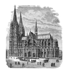 Germany, Cologne cathedral in medieval gothic style with two tall towers, Germany's largest cathedral, the contruction begun in 13th century