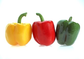 Red Yellow and Green Sweet Pepper, capsicum annuum, Against White Background