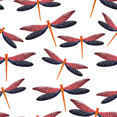 Dragonfly cartoon seamless pattern. Summer dress fabric print with damselfly insects. Close up 