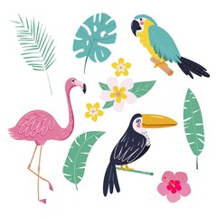Summer set with tropical flowers and leaves, birds, flamingo, toucan, parrot. Vector illustration with design elements