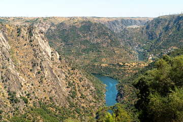Natural landscape of Los Arribes del Duero with the river Duero between the mountains, tourist place for family holidays