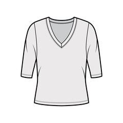 Naklejka premium Deep V-neck jersey sweater technical fashion illustration with elbow sleeves, oversized body. Flat shirt apparel template front, grey color. Women, men unisex outfit top CAD mockup