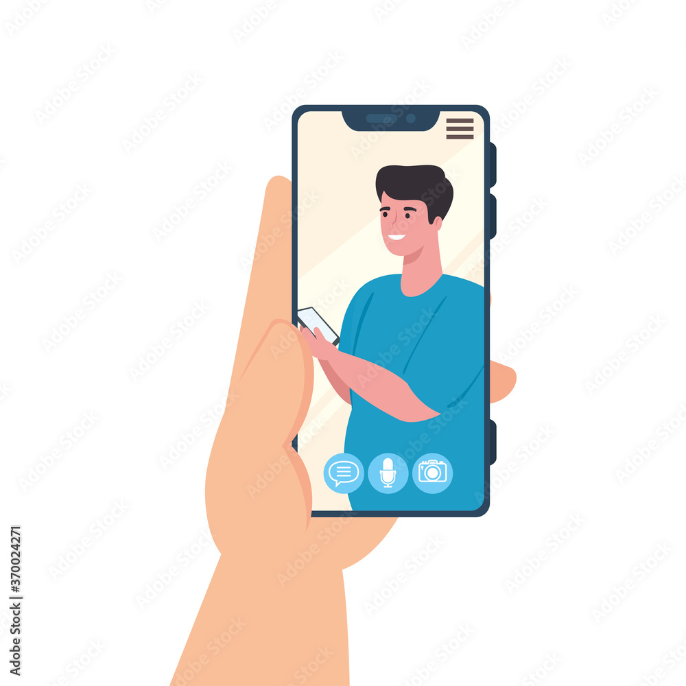 Sticker hand holding smartphone video call on the screen with man, social media concept vector illustration 