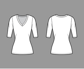 Deep V-neck jersey sweater technical fashion illustration with elbow sleeves, close-fitting shape, tunic length. Flat shirt apparel template front back white color. Women men unisex top CAD mockup