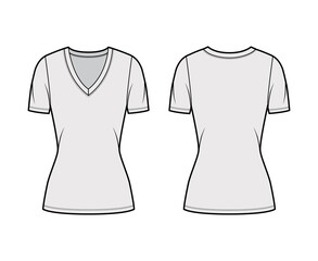 Deep V-neck jersey t-shirt technical fashion illustration with short sleeves, close-fitting shape, tunic length. Flat top apparel template front, back grey color. Women, men, unisex outfit CAD mockup