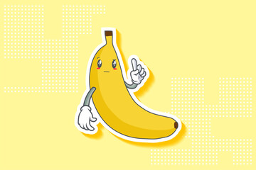 REALLY, ATTENTIVE, CURIOS Face Emotion. Forefinger Hand Gesture. Banana Fruit Cartoon Drawing Mascot Illustration.