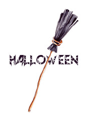 watercolor illustration. a set of drawings for a happy Halloween.an old witch's broom and a happy halloween sign . isolated on a white background