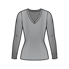 Obraz premium Ribbed V-neck knit sweater technical fashion illustration with long sleeves, close-fitting shape tunic length. Flat outwear apparel template front grey color. Women men unisex shirt top CAD mockup