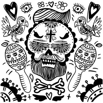 Dia de los Muertos mexican sugar skull. Floral Decorated skull. Design element for logo, label, emblem, sign, poster, t shirt. Vector illustrationIllustration of mexican sugar skull. Day of the dead.