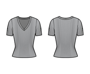 Ribbed V-neck knit sweater technical fashion illustration with short rib sleeves, close-fitting shape. Flat outwear apparel template front, back grey color. Women, men, unisex shirt top CAD mockup