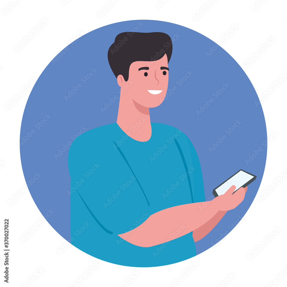 Poster man using smartphone on circle frame, social media and communication technology concept vector illus
