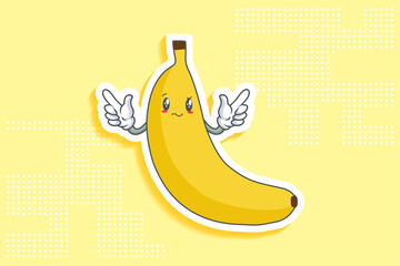 REALLY, ATTENTIVE, CONFUSED Face Emotion. Double Forefinger Handgun Gesture. Banana Fruit Cartoon Drawing Mascot Illustration.
