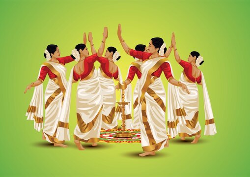 Happy Onam Greetings.Thiruvathira,a Traditional Dance From Kerala. Vector Illustration