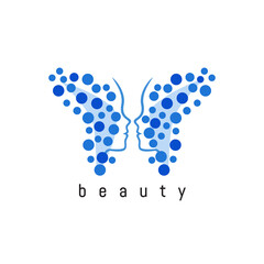 A woman's face in the form of butterfly wings. Abstract logo design for beauty salon, spa and aesthetics, wellness and therapy massages, cosmetics, yoga studio, plastic surgery. Vector illustration.