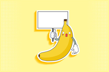 SPACED OUT, SURPRISED, SHOCKED Face Emotion. Holding Whiteboard Handgun Gesture. Banana Fruit Cartoon Drawing Mascot Illustration.